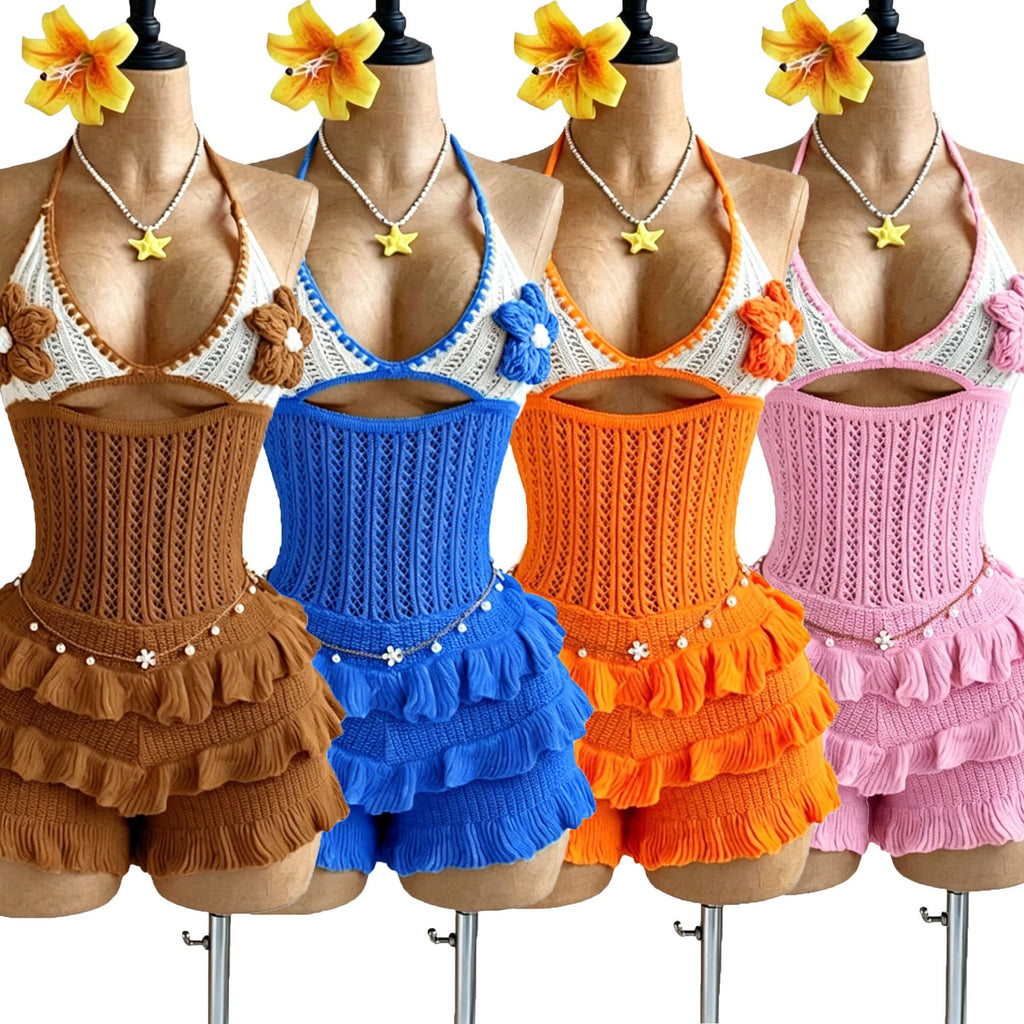 Knitted Crochet Ruffle Halter Tie up Hollow Out Rompers Women Sexy Backless V-neck Sleeveless Skinny Beachwear
Playsuit