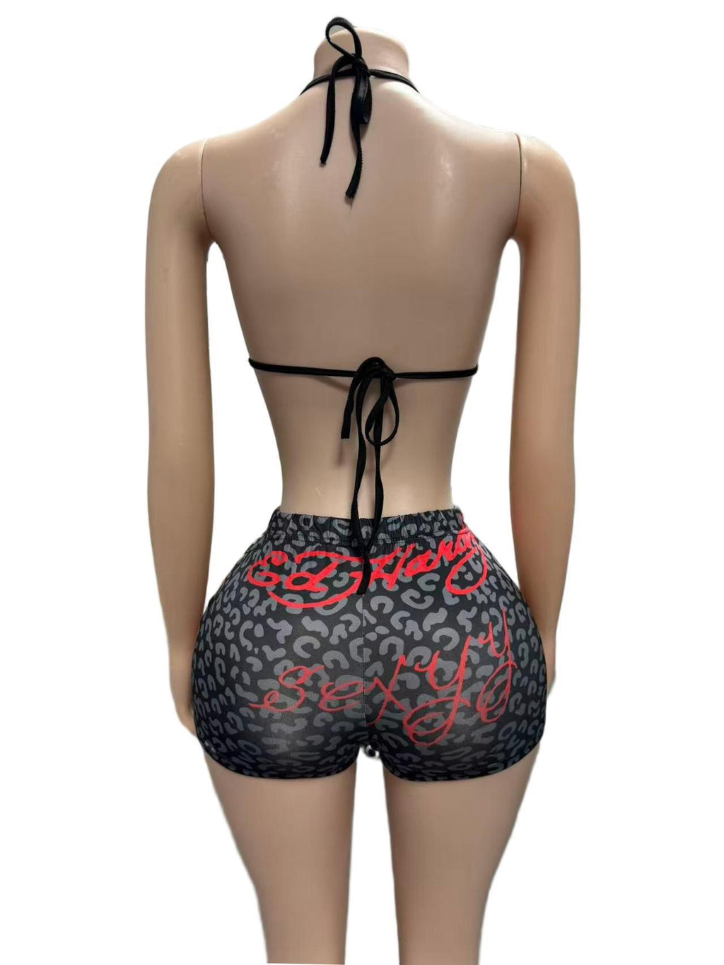 Leopard print rose necklace sexy two-piece set - hot chick nightclub style short pants set