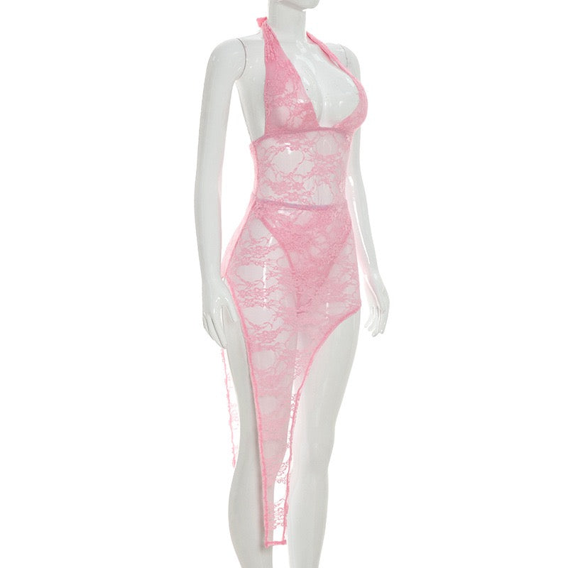Women Summer Tie-Up Halter Neck Sleeveless Backless
Lace Bodysuit Tops Mini Skirts 2 Pieces Set