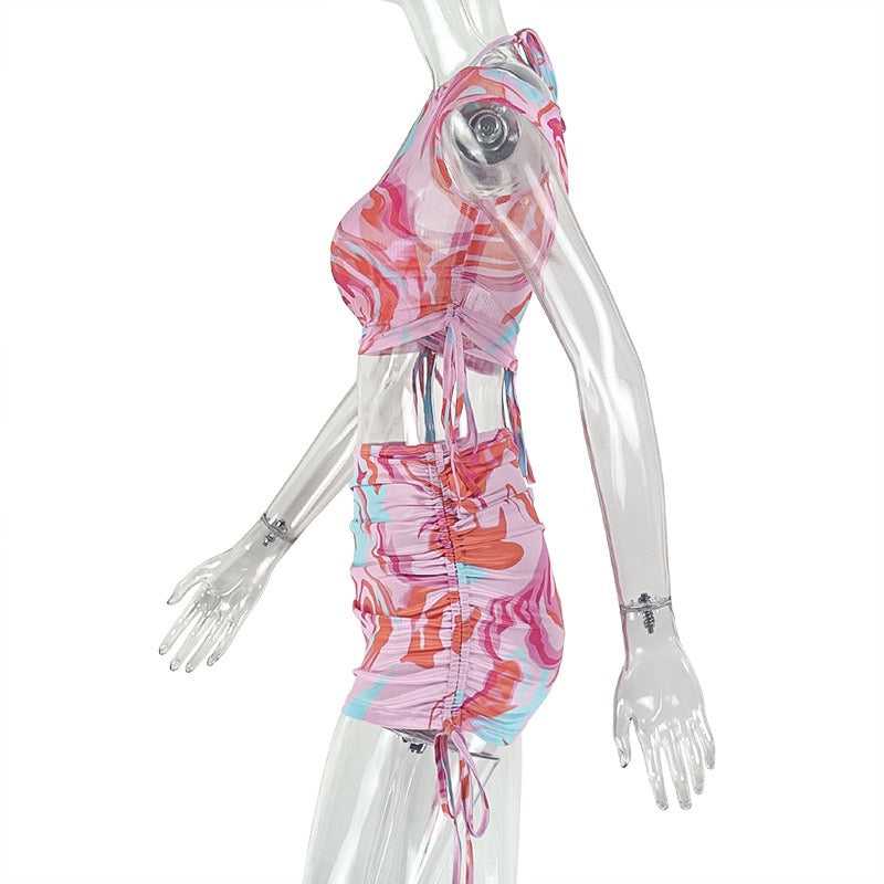 Printed fashionable vacation travel dress set - sweet V-neck top and short two-piece set - trendy