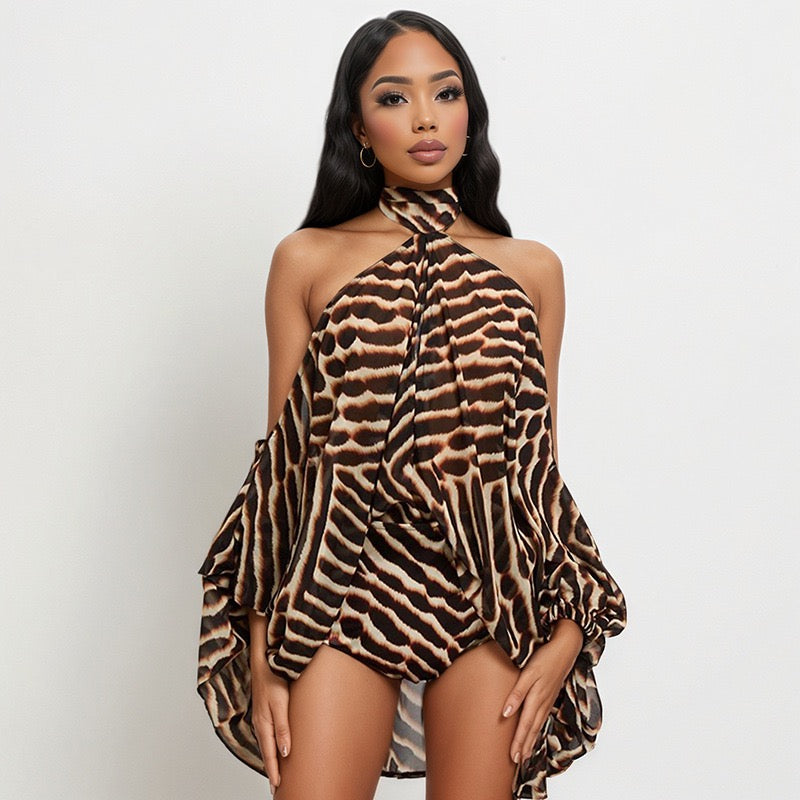 Women Print Halter Off-Shoulder Long Sleeve Tops and Skinny Shorts Sexy 2 Piece Set