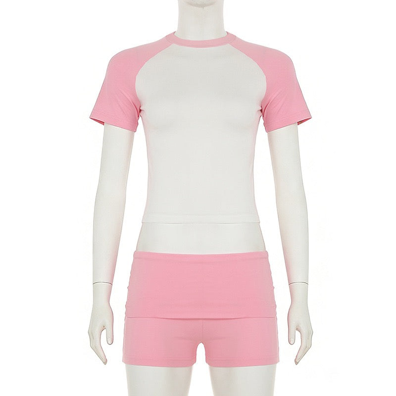 Color Patchwork 2 Piece Set 2026 Summer Women Short Sleeve T-shirts Crop Tops and High Waist Shorts Yoga set