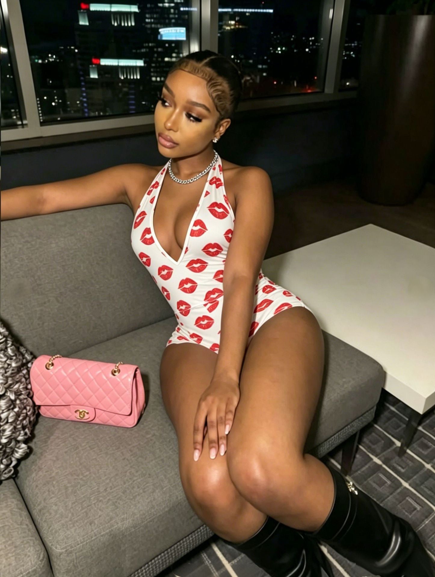 Fashion Lip Print Bodycon Rompers 2026 Sexy Deep V Bandage Halter Backless Club Jumpsuits