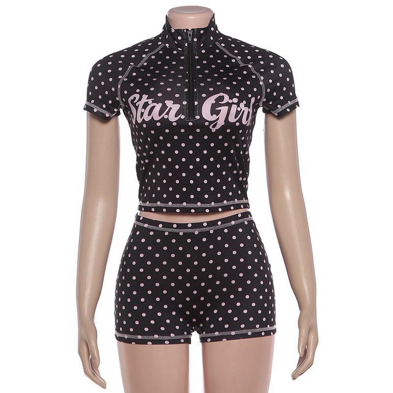 Letter Polka Dot Print 2 Piece Outfit Half Zip Crop Top and Biker Shorts Set 2026 Summer Women Streetwear Outfit