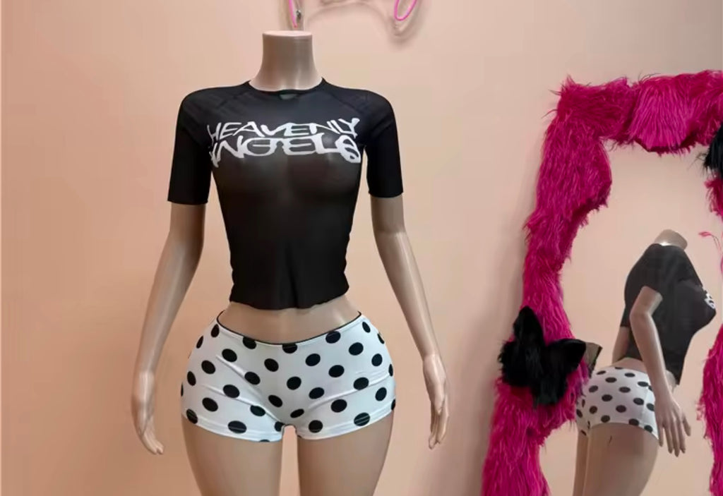 Fashion Two Piece Sets Women Letter Mesh SeeThough O Neck Short Sleeve Crop Top and Dot Print Shorts outfits