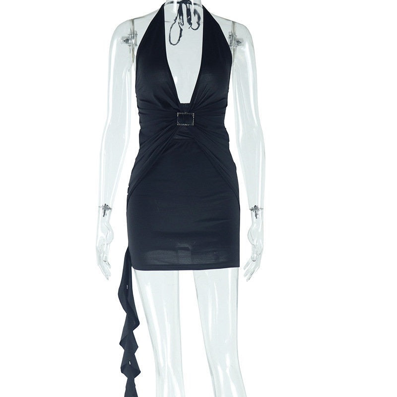 Women's deep V-neck sexy halter top solid-color dress with pleats, street style, unique short hip-hugging