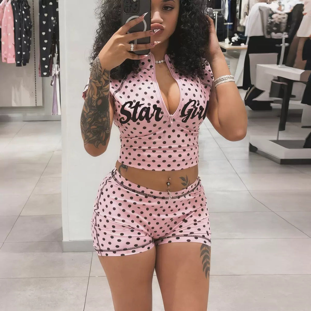 Letter Polka Dot Print 2 Piece Outfit Half Zip Crop Top and Biker Shorts Set 2026 Summer Women Streetwear Outfit