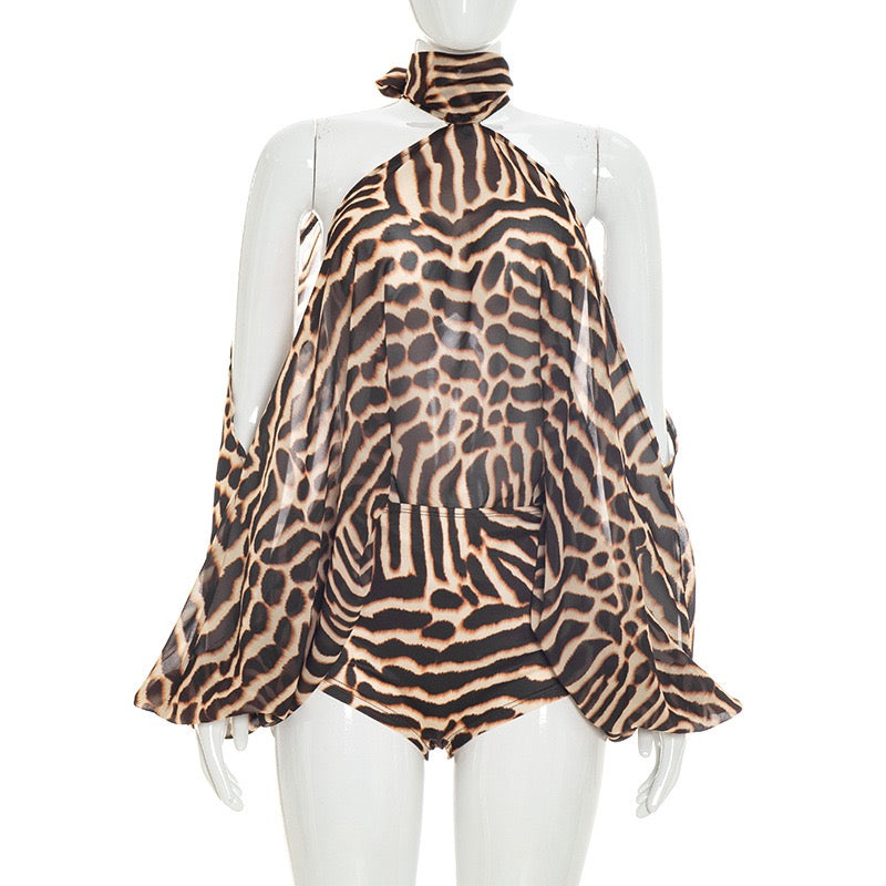 Women Print Halter Off-Shoulder Long Sleeve Tops and Skinny Shorts Sexy 2 Piece Set