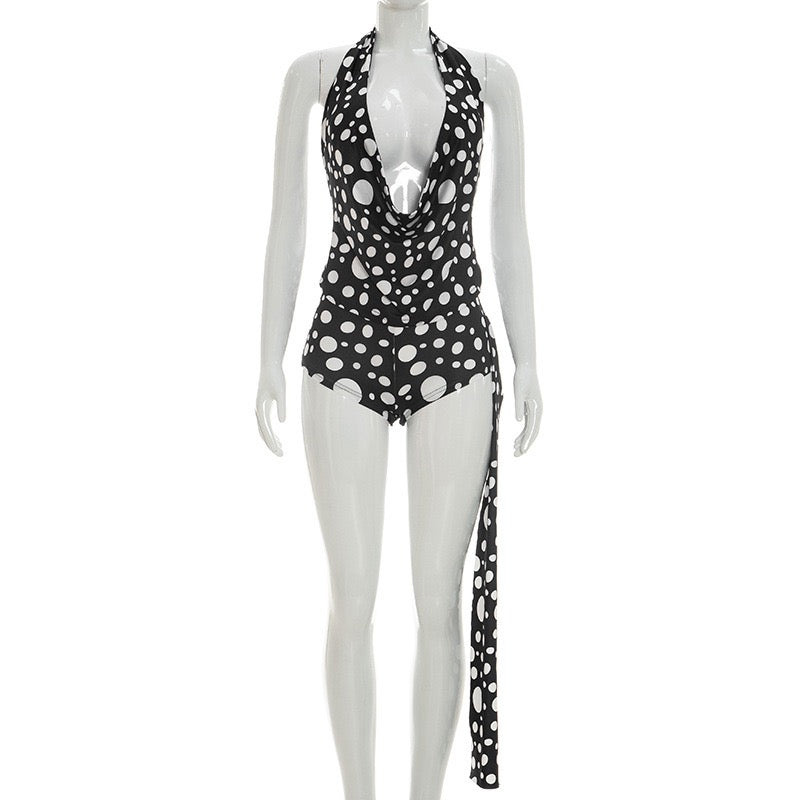 Woman Summer Trend Halter BacklessTops and Skinny Shorts Polka Dot Print 2 Piece Set
