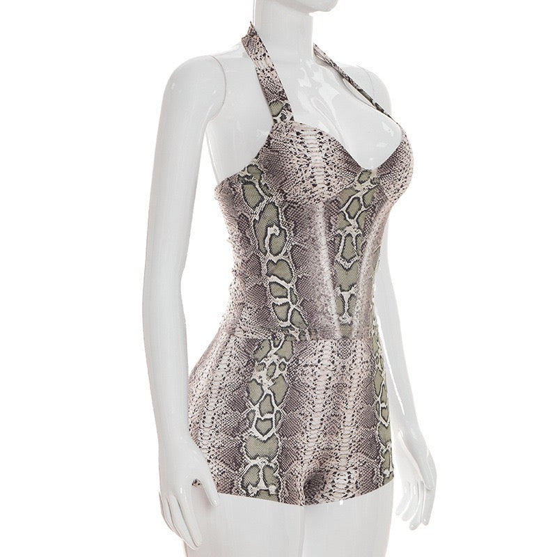 Sexy Serpentine Printed 2 Piece Sets Woman Halter Low-Neck Backless Sleeveless Vest and Shorts Midnight Hottie
