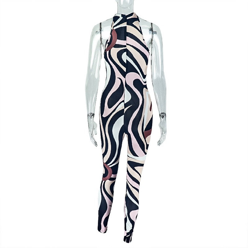 Personalized printed women's form-fitting high-waisted one-piece pants with open back, sleeveless zebra-patterned long one-piece dress, trendy