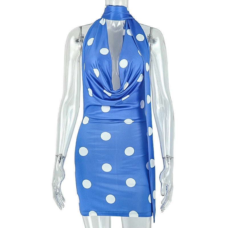 Dot pattern wrap-around belt summer style full-skirted dress with flared collar and sleeveless, sexy backless short dress