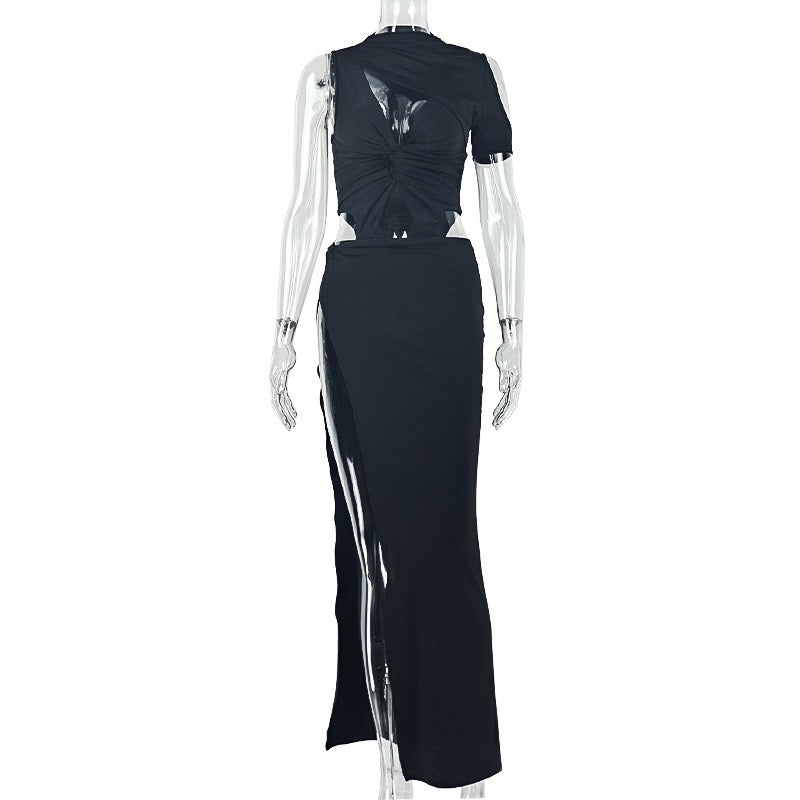 Stripped design, irregular-shaped skirt, high collar, sleeveless long new dress