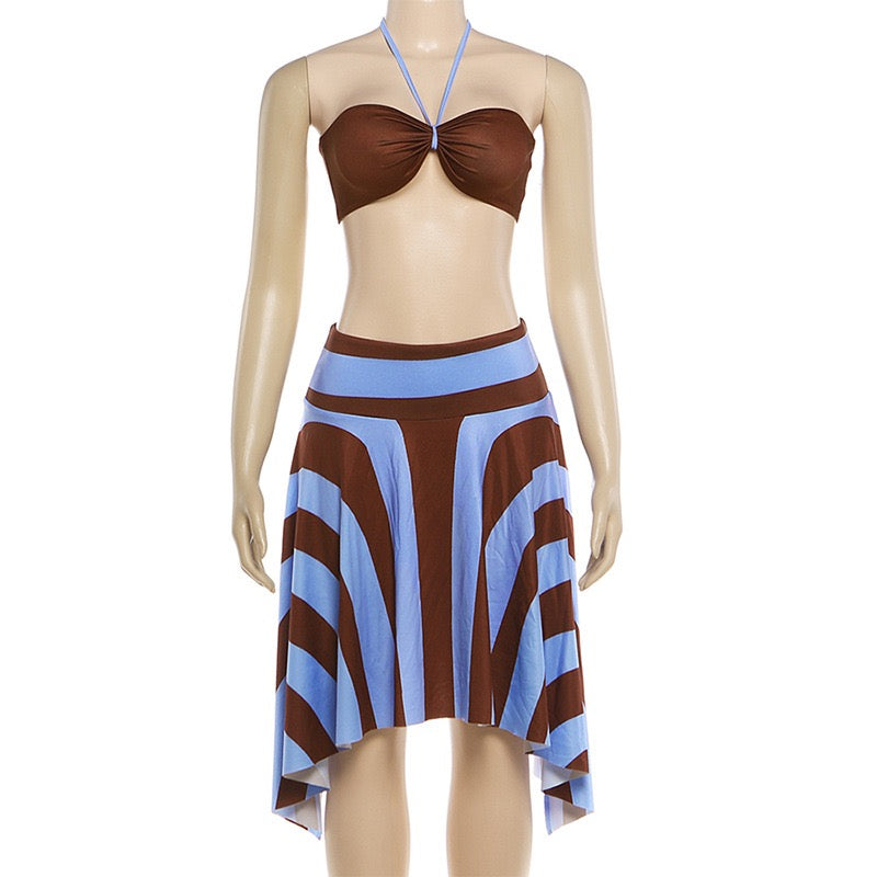 Women Halter Rope Wrap Chest Tops Stripe Patchwork Mid Skirts Summer Holiday Sexy 3 Piece Set