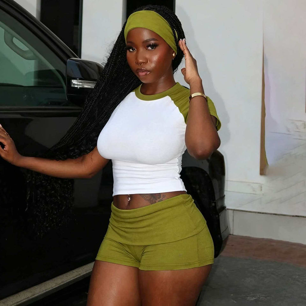 Color Patchwork 2 Piece Set 2026 Summer Women Short Sleeve T-shirts Crop Tops and High Waist Shorts Yoga set