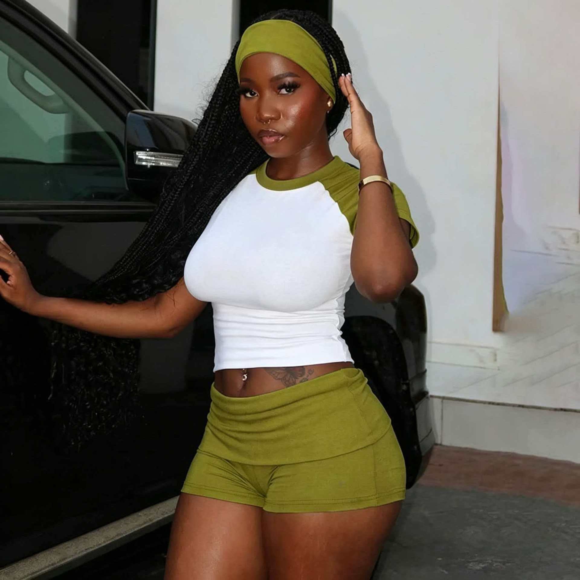 Color Patchwork 2 Piece Set 2026 Summer Women Short Sleeve T-shirts Crop Tops and High Waist Shorts Yoga set
