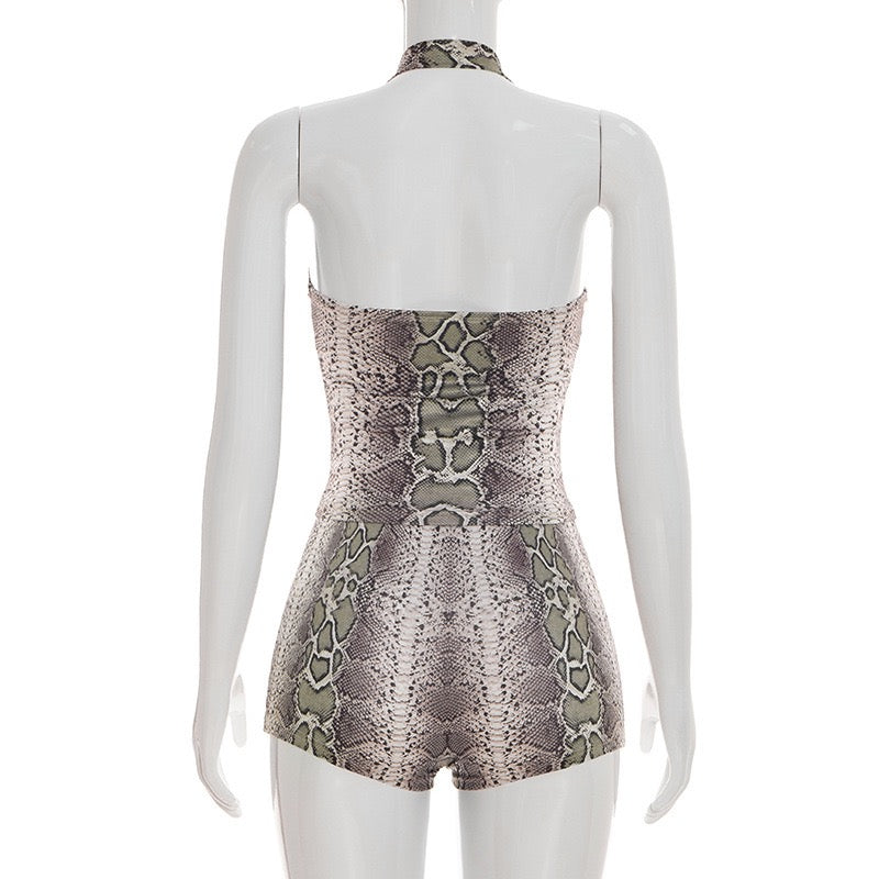 Sexy Serpentine Printed 2 Piece Sets Woman Halter Low-Neck Backless Sleeveless Vest and Shorts Midnight Hottie