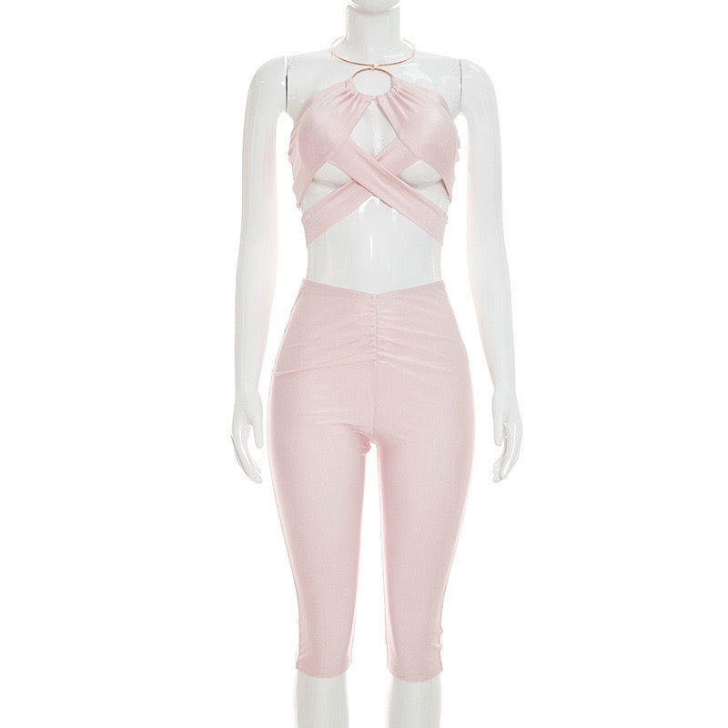 Sexy Solid Two Piece Sets Sleeveless Hollow Halter Crop Top Skinny Pants Fashion Streetwear Outfits