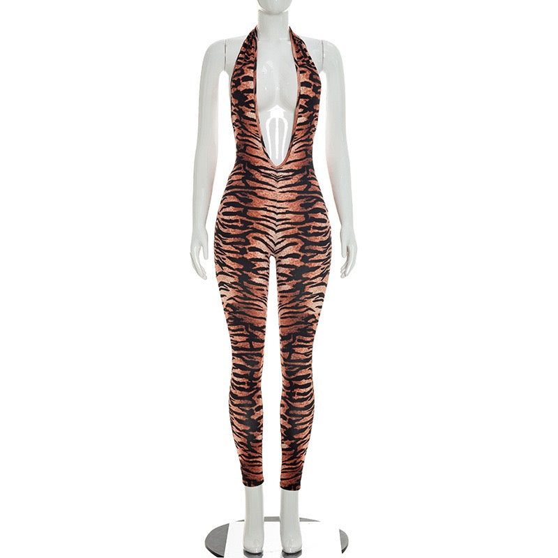 Women Halter Deep V Neck Sleeveless 2026 Sexy Trend Tiger Print Skinny Backless Jumpsuit
