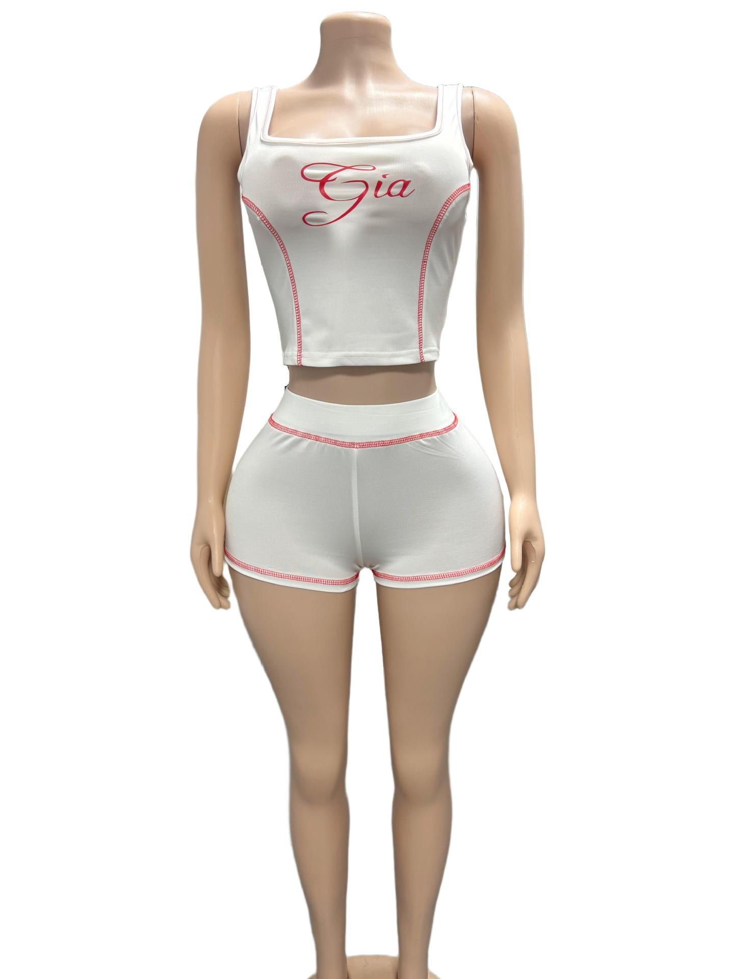 Black printed fitted round-neck tank top and short pants two-piece fashionable set for women