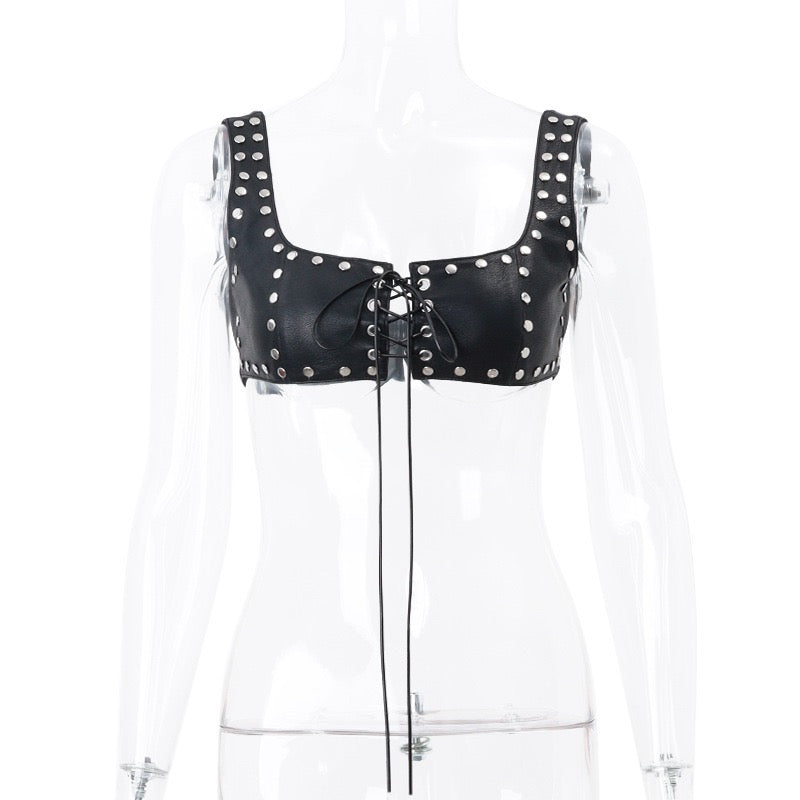 Sexy PU Leather Rivets Hollow Two Piece Sets Women Spaghetti Strap Bandage Crop Top and Mini Skirts Outfits