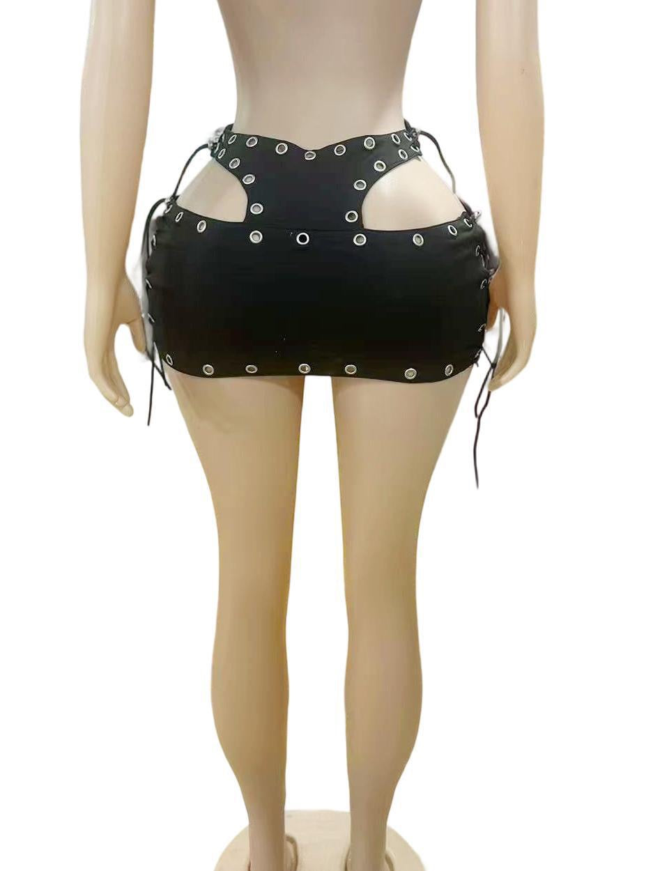 Sexy PU Leather Rivets Hollow Two Piece Sets Women Spaghetti Strap Bandage Crop Top and Mini Skirts Outfits