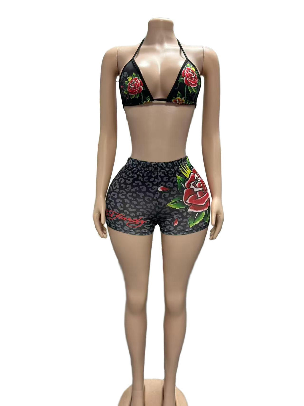 Leopard print rose necklace sexy two-piece set - hot chick nightclub style short pants set