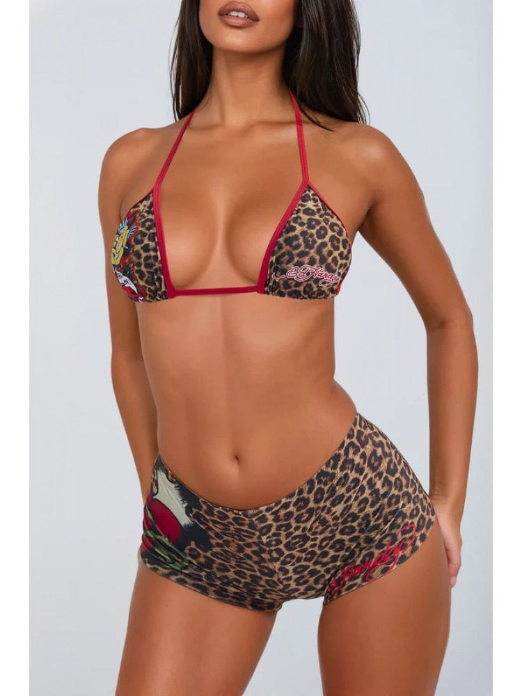 Leopard print rose necklace sexy two-piece set - hot chick nightclub style short pants set