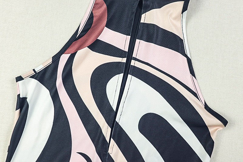 Personalized printed women's form-fitting high-waisted one-piece pants with open back, sleeveless zebra-patterned long one-piece dress, trendy