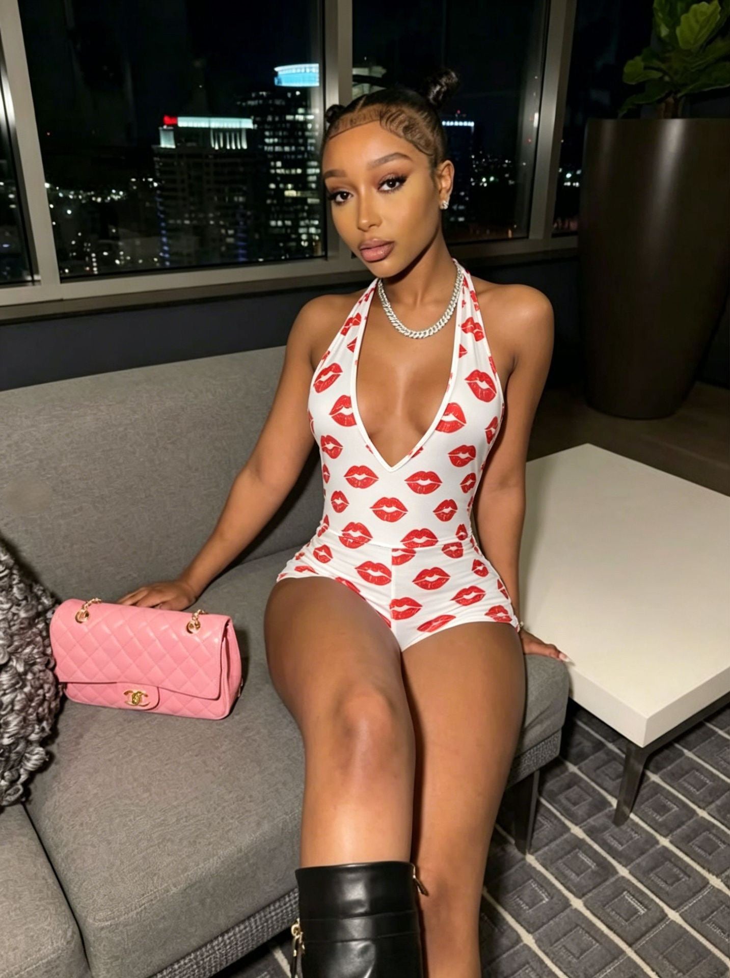 Fashion Lip Print Bodycon Rompers 2026 Sexy Deep V Bandage Halter Backless Club Jumpsuits
