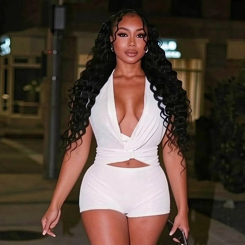 Women Trend Fashion Sequined Halter V Neck Bandage Backless Tank Top and Shorts 2 Piece Set