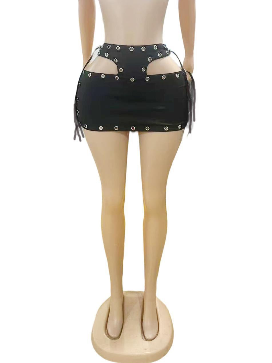 Sexy PU Leather Rivets Hollow Two Piece Sets Women Spaghetti Strap Bandage Crop Top and Mini Skirts Outfits