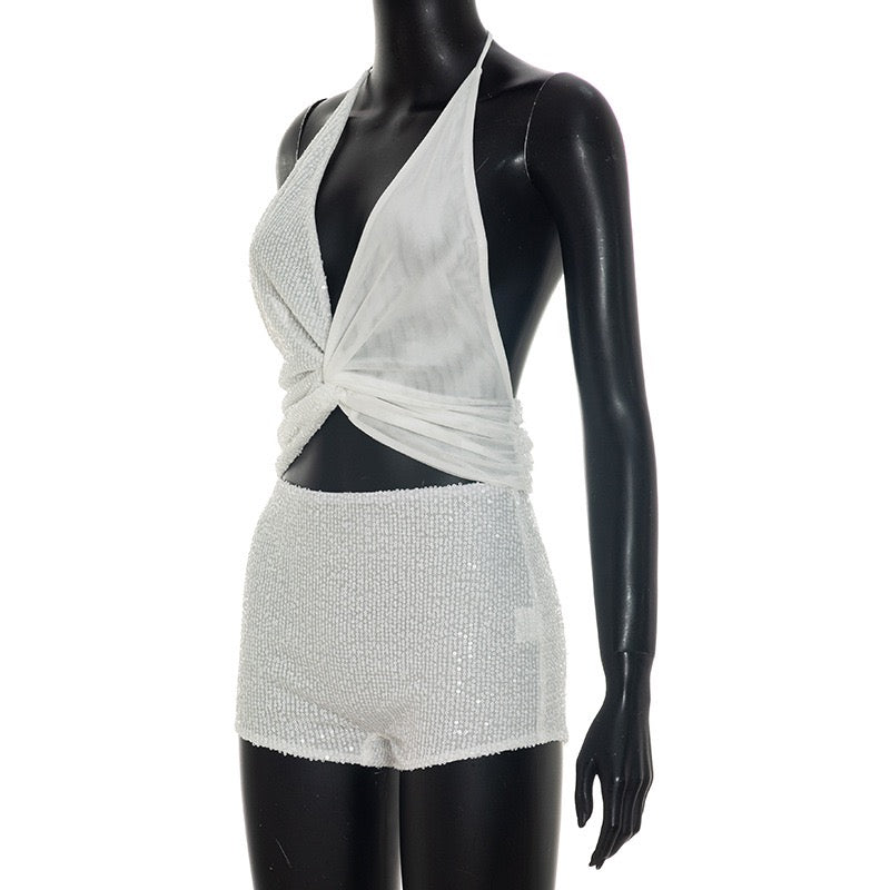Women Trend Fashion Sequined Halter V Neck Bandage Backless Tank Top and Shorts 2 Piece Set