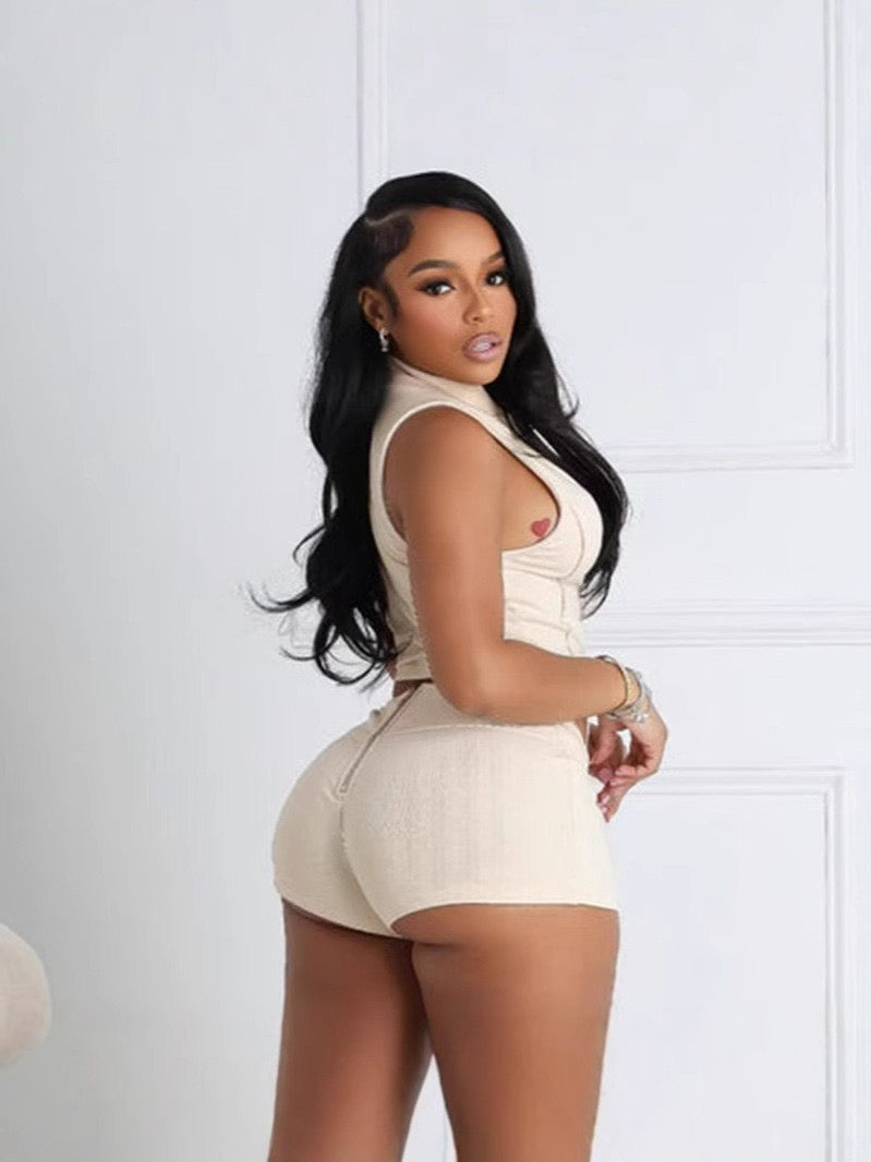 Solid-color tight tank top and short pants set