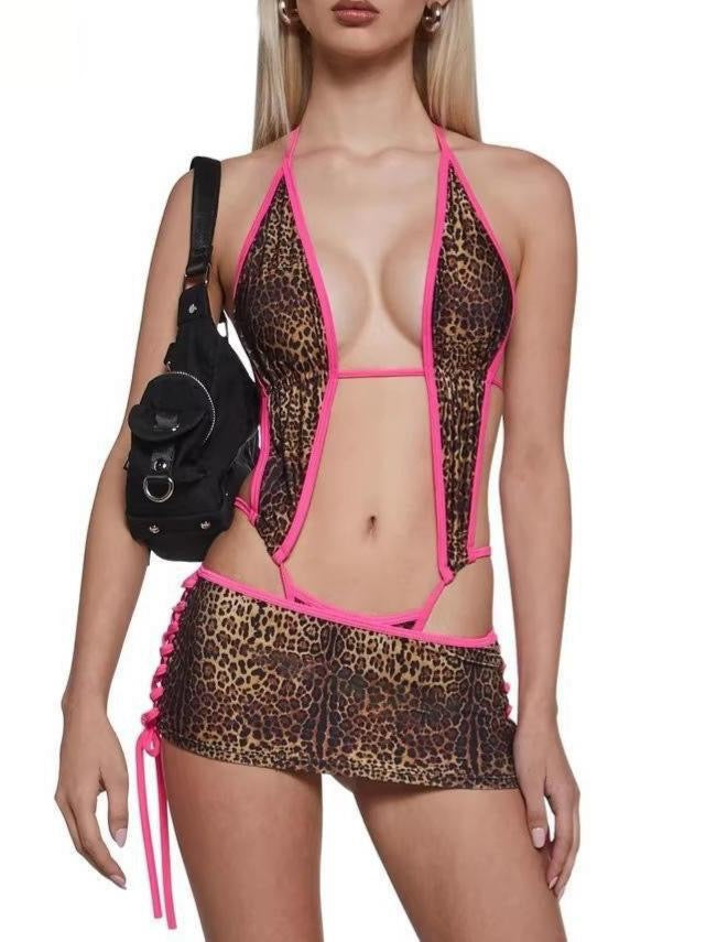 Women Leopard Printed 2 Piece Set Halter Bodysuit Tops and Side Lace up Mini Skirt Night Club Wear Outfits