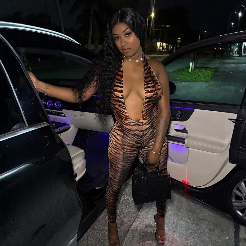 Women Halter Deep V Neck Sleeveless 2026 Sexy Trend Tiger Print Skinny Backless Jumpsuit
