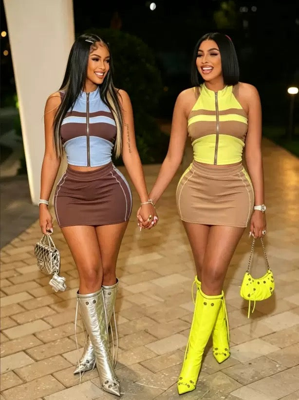 Women Summer Color Patchwork 2 Piece Set
Sleeveless Zipper Crop Top and Skirt Fashion Streetwear Suit