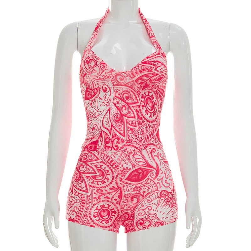 Sexy Serpentine Printed 2 Piece Sets Woman Halter Low-Neck Backless Sleeveless Vest and Shorts Midnight Hottie