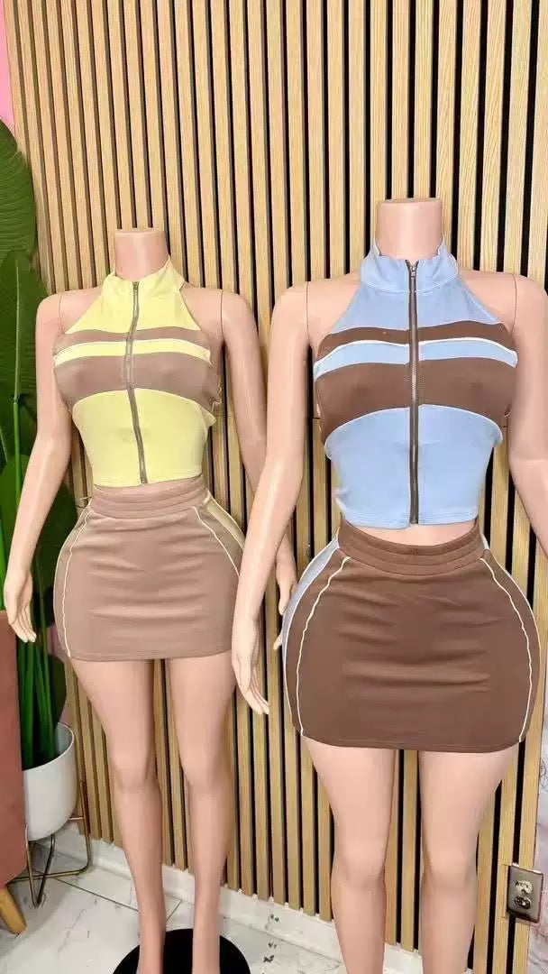 Women Summer Color Patchwork 2 Piece Set
Sleeveless Zipper Crop Top and Skirt Fashion Streetwear Suit