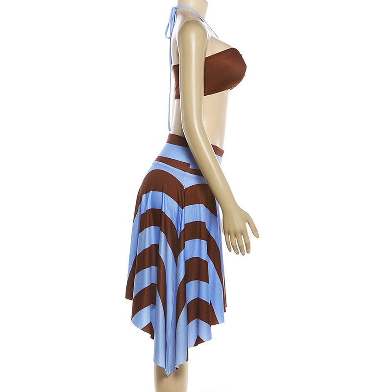 Women Halter Rope Wrap Chest Tops Stripe Patchwork Mid Skirts Summer Holiday Sexy 3 Piece Set