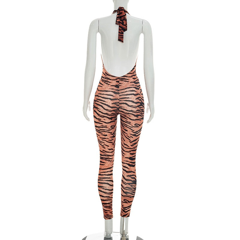 Women Halter Deep V Neck Sleeveless 2026 Sexy Trend Tiger Print Skinny Backless Jumpsuit