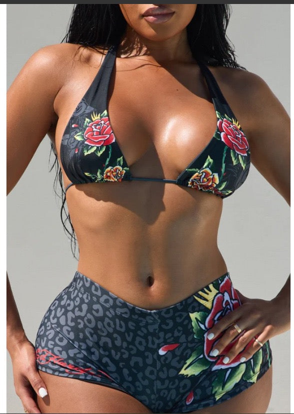 Leopard print rose necklace sexy two-piece set - hot chick nightclub style short pants set