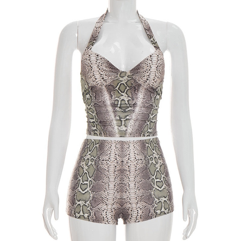 Sexy Serpentine Printed 2 Piece Sets Woman Halter Low-Neck Backless Sleeveless Vest and Shorts Midnight Hottie