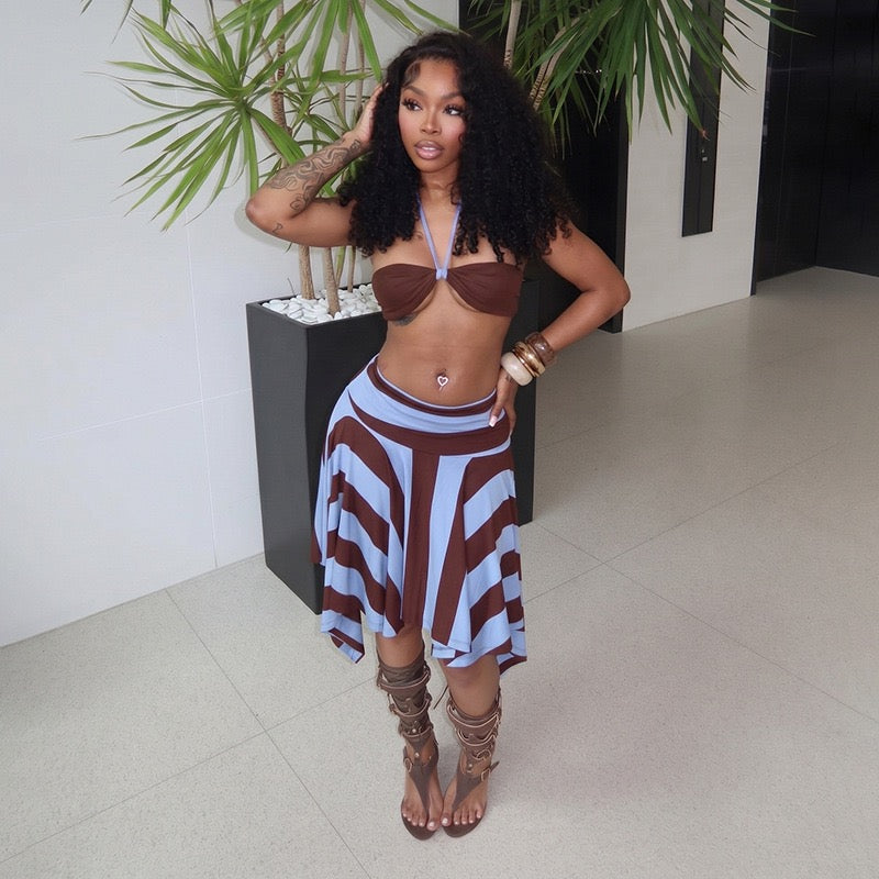 Women Halter Rope Wrap Chest Tops Stripe Patchwork Mid Skirts Summer Holiday Sexy 3 Piece Set