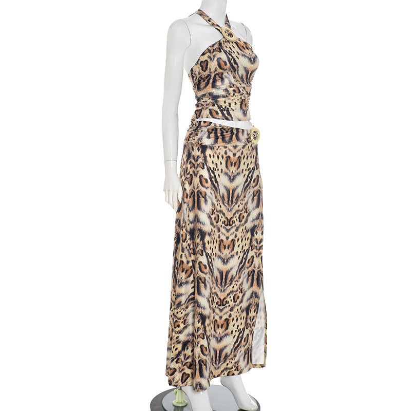 Leopard Printed Sexy Party Two Piece Set Halter Crop Top
Split Skirts Women 2026 Summer 2 Piece Outfits