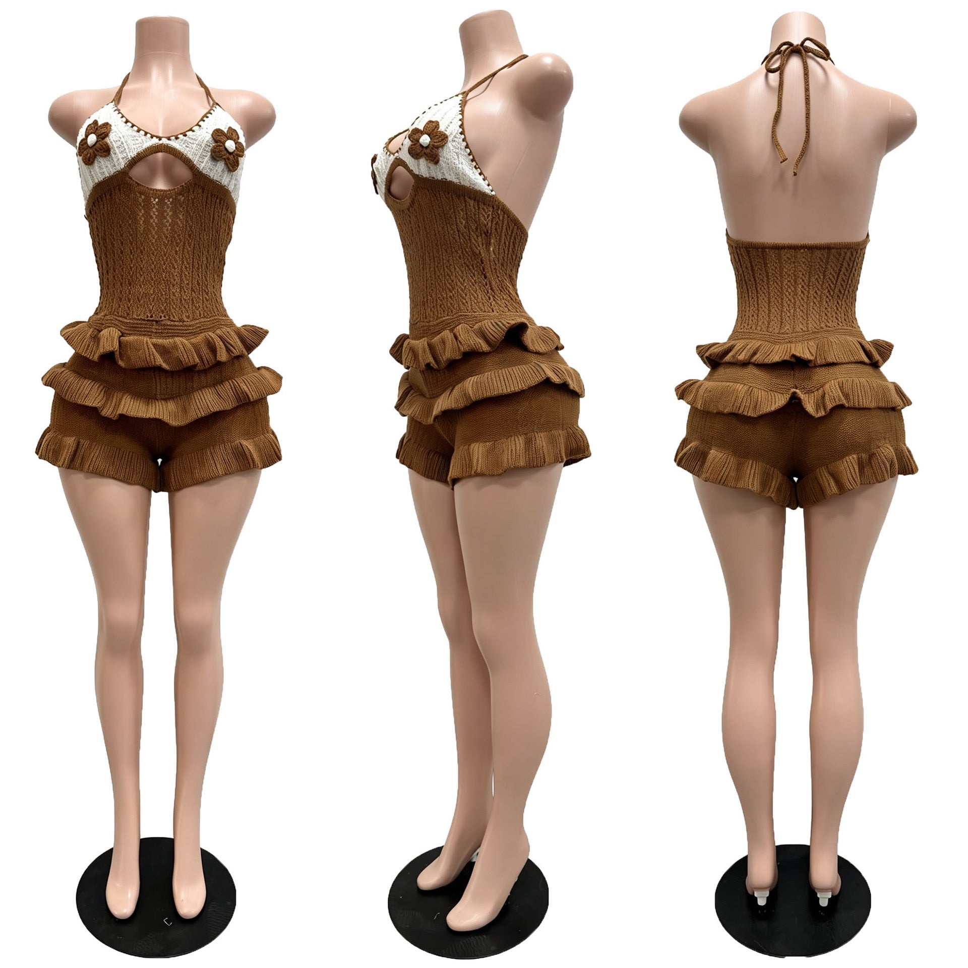 Knitted Crochet Ruffle Halter Tie up Hollow Out Rompers Women Sexy Backless V-neck Sleeveless Skinny Beachwear
Playsuit