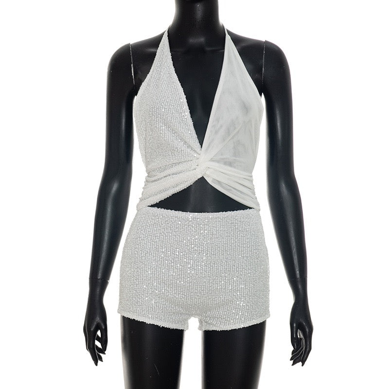 Women Trend Fashion Sequined Halter V Neck Bandage Backless Tank Top and Shorts 2 Piece Set
