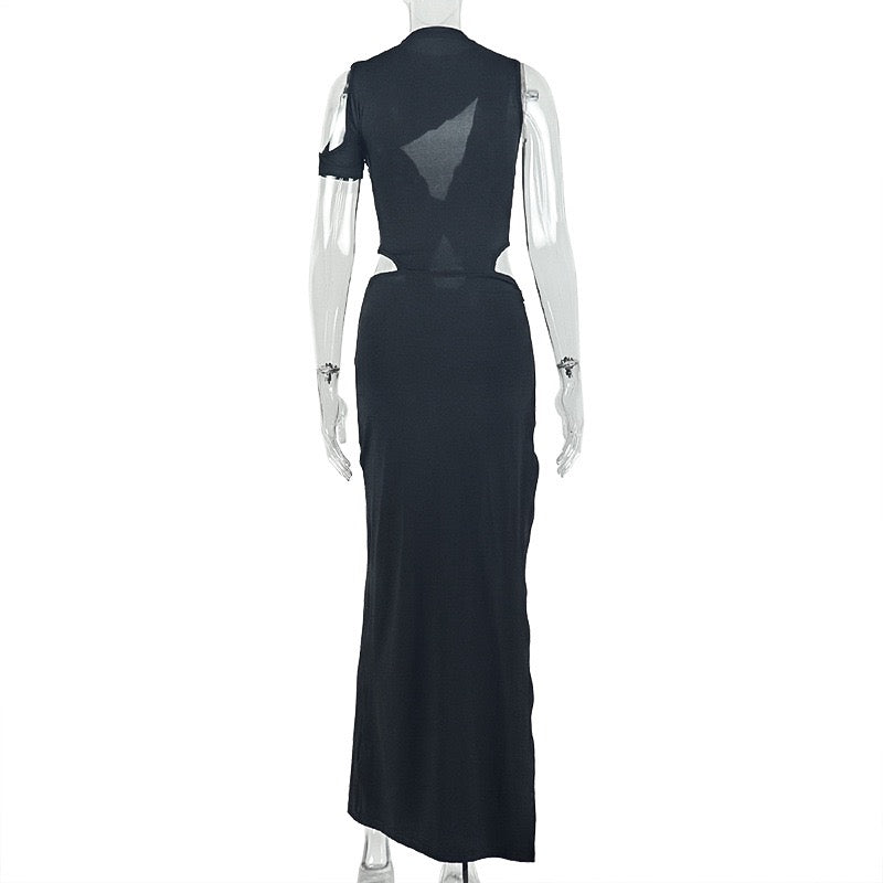 Stripped design, irregular-shaped skirt, high collar, sleeveless long new dress