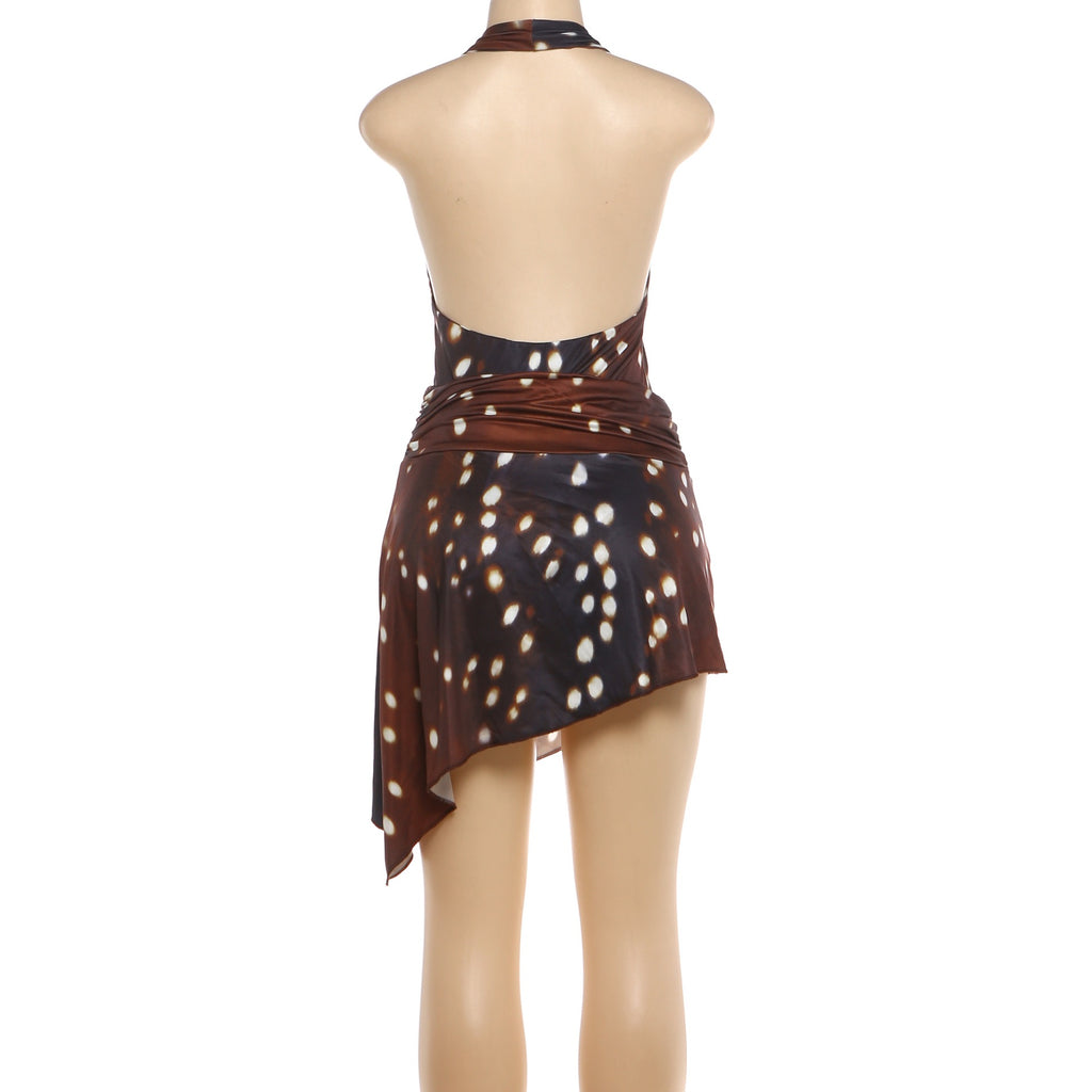 Sexy Fashion Print 2 Piece Set Woman Halter Deep V-Neck Backless Skinny Playsuits Metal Decoration Folds Mini