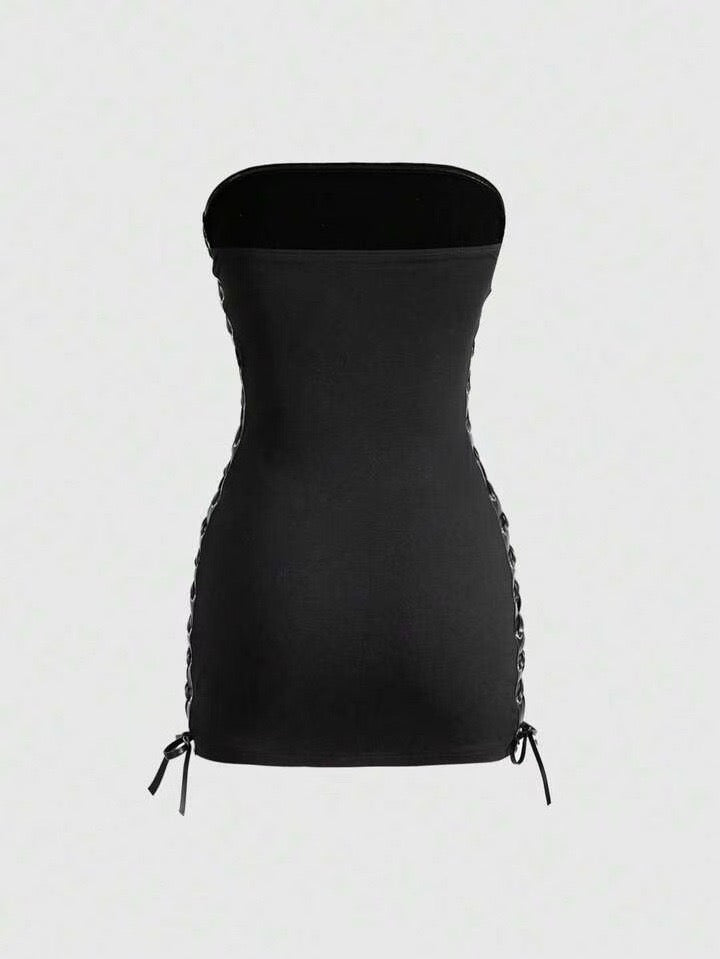 Sexy hot girl fashion dark print fitted strapless dress